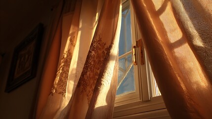 Golden Sunlight Streaming Through Sheer Peach Curtains in a Room