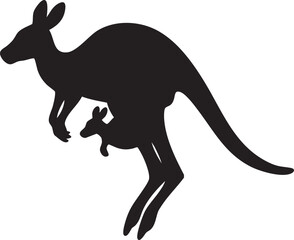Vector Silhouette of Kangaroo with Joey in Pouch in Mid-Leap on White Background

