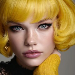 Fototapeta premium Elegant Portrait of a Charming Model with Yellow Hair and Intense Gaze: A Vibrant and Artistic Exploration of Beauty, Makeup, and Fashion in a Studio Environment
