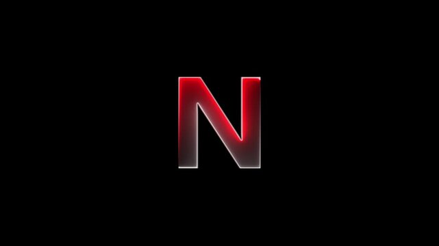 Glowing neon letter N , glowing neon font N , N alphabet symbol . Seamless looping alphabet animation on black background.