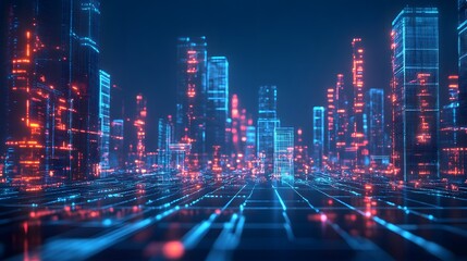 futuristic digital cityscape with glowing data streams and neon grids, no humans present, deep blue tones 
