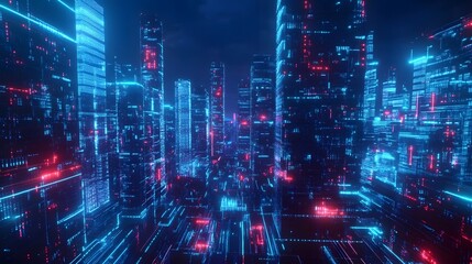 Obraz premium futuristic digital cityscape with glowing data streams and neon grids, no humans present, deep blue tones 