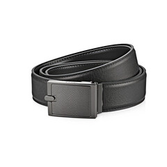 A black leather belt with a silver buckle and a black leather strap.