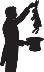 Vector Silhouette of Magician Performing Classic Rabbit-in-Hat Trick in Minimalist Style