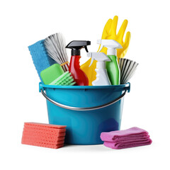 A blue bucket filled with cleaning supplies and various cleaning tools, including sponges, brushes, and spray bottles.