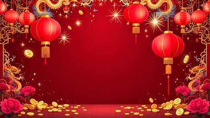 Decorative vector featuring red lanterns and gold accents for Chinese New Year. Great for festive cards and seasonal banners