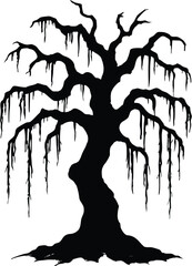 Vector Silhouette of Gnarled Ancient Tree with Bare Branches and Gothic Atmosphere

