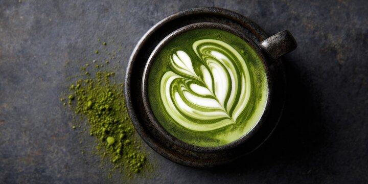 Artisan matcha latte preparation coffee shop beverage photography cozy interior top-down view culinary delight