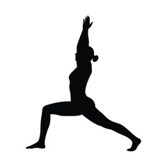 Silhouette of a woman in warrior yoga pose isolated on white background, showcasing balance, strength, and flexibility for fitness and wellness