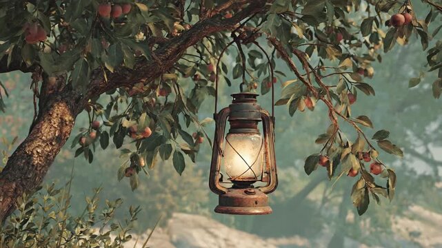 An aged, rusty lantern hangs from an apple tree branch, lit. Apples dot the tree, with a soft, blurred background