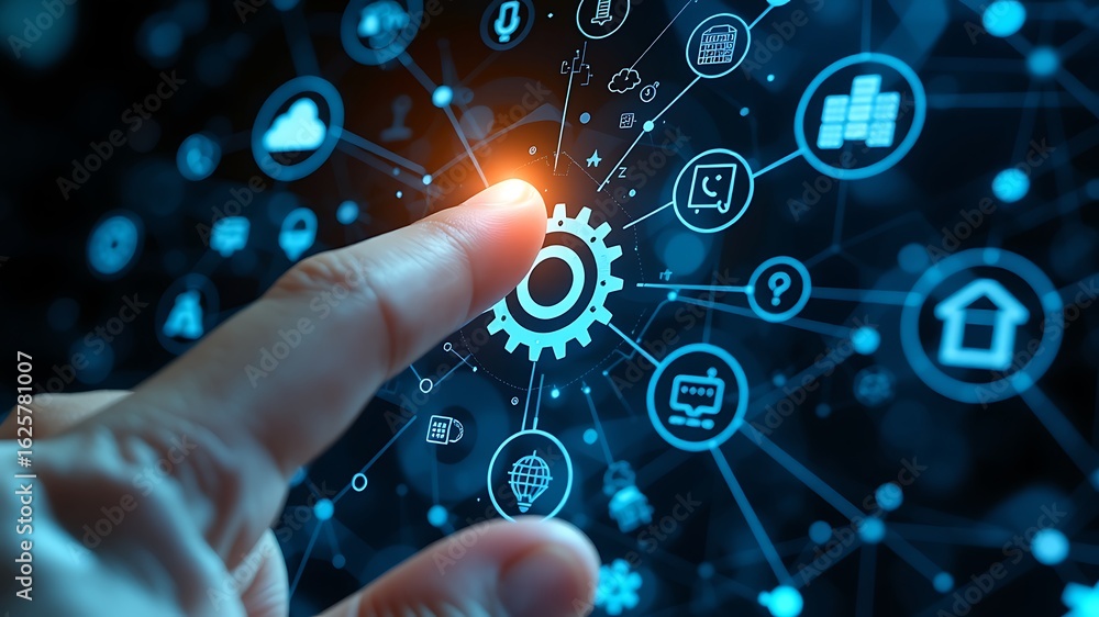 Poster human finger interacts with glowing digital network of interconnected technology icons and data stre