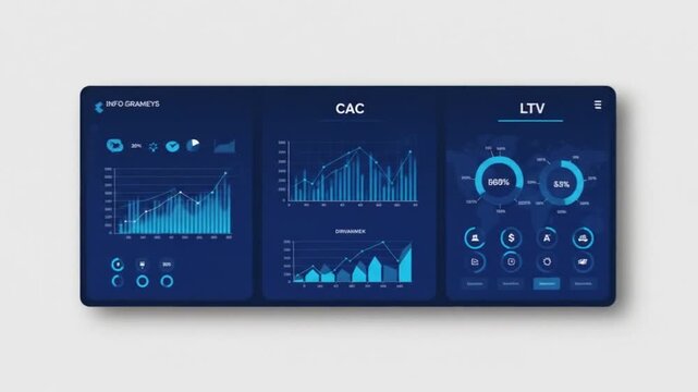 Modern digital dashboard displaying performance metrics like CAC and LTV with vibrant graphs and controls