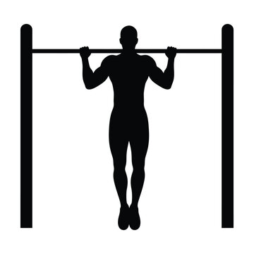 Silhouette of a man doing pullups on parallel bars, isolated on white background, representing fitness, strength training, and a healthy lifestyle