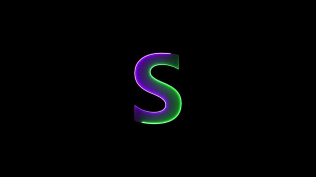 Glowing neon letter S, glowing neon font, S alphabet symbol . Seamless looping alphabet animation on black background.