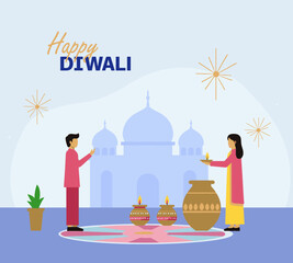 Diwali poster with vibrant rangoli, fireworks, and Indian temple silhouette in the background