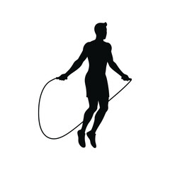 Silhouette of a man jumping rope, isolated on white background, showcasing fitness, exercise, and a healthy lifestyle through dynamic movement and energy
