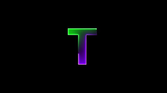 Glowing neon letter T , glowing neon font, T alphabet symbol . Seamless looping alphabet animation on black background.