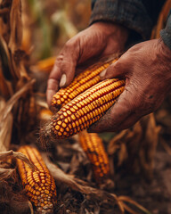 Close-up of hands harvesting ripe corn cobs in a field with warm morning light and earthy textures — ideal for agriculture, harvest season, and rural lifestyle visuals. Generative AI. 