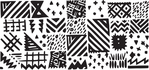 A Vector art of monochrome abstract pattern with hand drawn geometric shapes isolated on white background, perfect for modern designs and artistic backgrounds isolated on white background