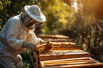Beekeeper in white protective suit inspecting hive on a sunny summer day, bees flying around, wooden hives in rows, lush greenery. Ideal for farming, nature, and eco lifestyle themes. Generative AI. 