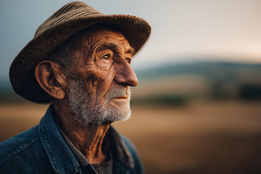 Close-up portrait of an elderly male farmer with deep wrinkles and sun-weathered skin, wearing a hat and denim shirt. Ideal for authentic rural storytelling visuals. Generative AI. 