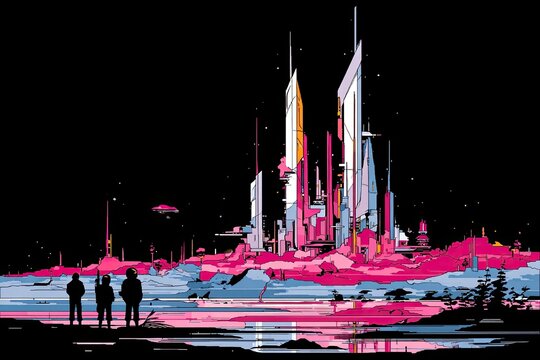 Fototapeta Futuristic city skyline, vibrant colors, abstract shapes, two figures in foreground, reflected in water, starry night