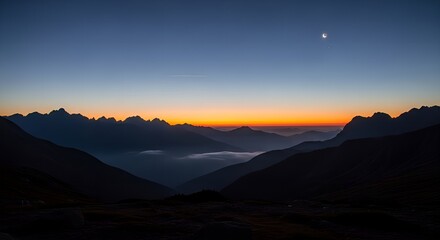 Obraz premium Twilight mountain landscape with crescent moon and a faint aircraft contrail. 