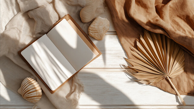 Warm desert color palette flat lay featuring natural linen, dried tropical leaves and clean sketchbook on rustic whitewashed wooden surface, modern creative workspace, 4k image