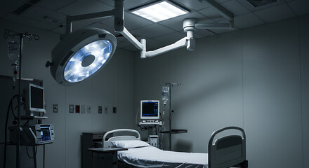 Empty hospital operating room at night, illuminated surgical lamp above a vacant bed, medical equipment present.