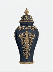 Dark-blue decorative vase with gold accents.  Ornate,  tall,  lidded