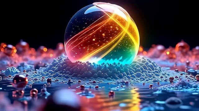 Imagine a rotating sphere of soft rainbow molecule wrapped in magnetic waveforms, where luminous colors morph and shift with every turn, casting dynamic shadows on an unblemished background