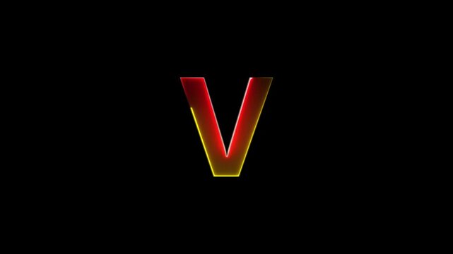 Glowing neon letter V , glowing neon font, V alphabet symbol . Seamless looping alphabet animation on black background.
