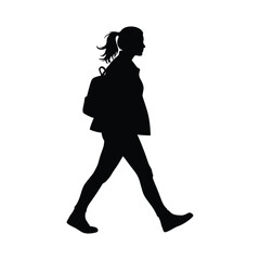 Silhouette of a woman walking with a backpack isolated on white background, showcasing a modern and active lifestyle in an urban setting, a simple vector design