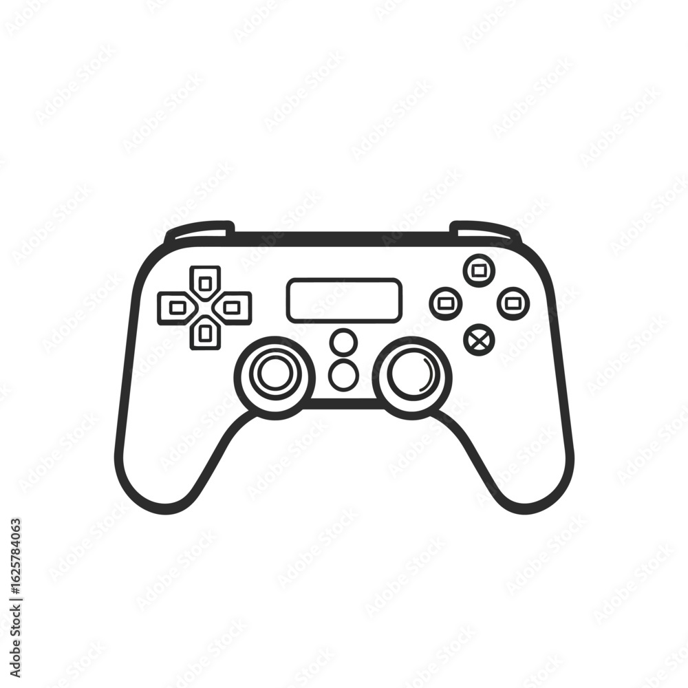 Poster black and white outline illustration of game controller featuring various buttons and shapes