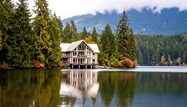 Lakeside cabin, fall colors, serene reflection - Powered by Adobe