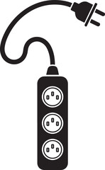 A of black extension cord with three outlets and plug isolated on white background for providing electricity to multiple devices isolated on white background