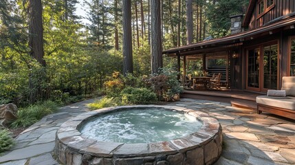 Relaxing outdoor hot tub nestled amongst lush forest foliage beside a rustic wooden cabin with inviting deck seating, perfect for serene getaways and nature retreats.
