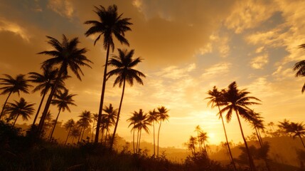 Obraz premium Serene Sunset Over a Tropical Palm Tree Landscape with Lush Greenery and Fiery Orange Clouds in the Background
