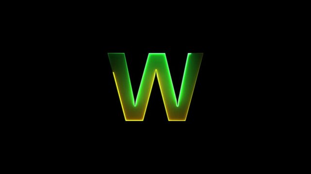 Glowing neon letter W , glowing neon font, W alphabet symbol . Seamless looping alphabet animation on black background.