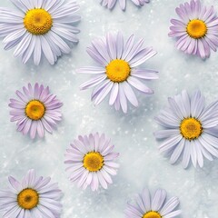 Obraz premium Close up of delicate white daisy flowers with bright yellow centers scattered across a textured light blue background