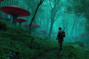 A lone figure ventures into a mystical forest, bathed in a soft, ethereal light. 
