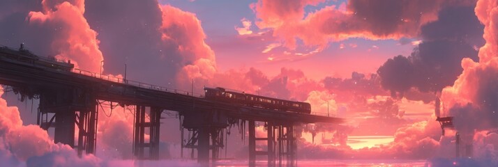 Serene Sunset Over Train Bridge with Colorful Clouds and Dreamy Landscape Vividly Captured in an Enchanting Atmosphere