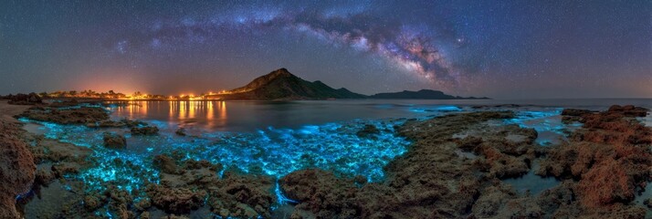 Stunning Night Sky Panorama Over Ocean and Bioluminescent Shoreline with City Lights in the Background