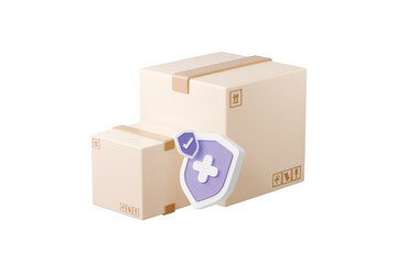 3d parcel box shield icon. parcel insurance protection concept. Minimal cartoon delivery box with shield cross symbol for secure shipping isolated on white transparent background. 3d render