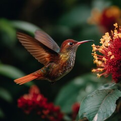 Fototapeta premium Vibrant hummingbird hovering near bright red flowers in lush green environment showcasing nature's beauty and intricate details