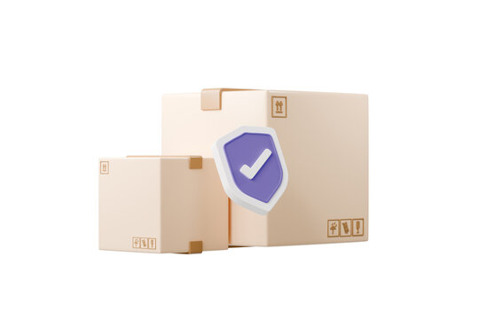 3d parcel box shield icon. secure delivery package concept. Minimal cartoon parcel box with check mark shield for trust insurance isolated on white transparent background. 3d render