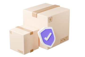 3d parcel box shield icon. secure delivery package concept. Minimal cartoon parcel box with check mark shield for trust insurance isolated on white transparent background. 3d render