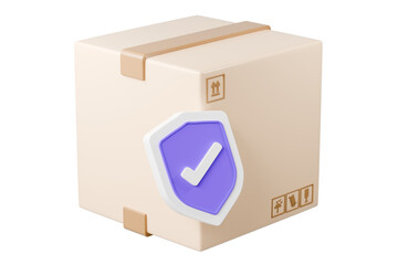 3d parcel box shield icon. secure shipping package concept. Minimal cartoon parcel box with checkmark shield for protection approval isolated on white transparent background. 3d render