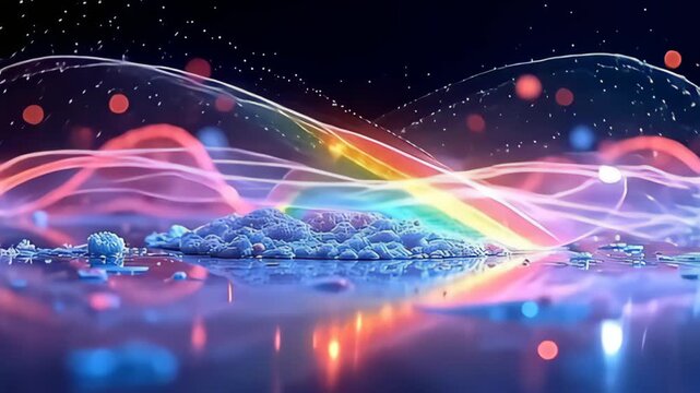 Transcending dimensions, a soft rainbow molecule wrapped in magnetic waveforms glides through a pristine setting, its phosphorescent colors dancing as they interlace and diverge, while