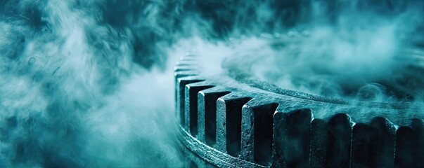 Steam outlet with gear spinner concept. Close-up view of a gear in a foggy industrial setting.